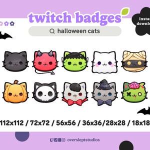 10 Halloween Badges for Twitch and Discord, Spooky Season, Witch, Cat Costumes, Streaming, Skulls, Cats, Pumpkin, Emote Pack, Spooky Emotes