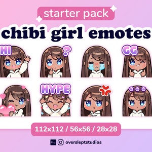 Brown Hair Blue Eyes Cute Chibi Girl Emotes for Twitch & Discord