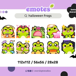 Może przedstawiać: Dziewięć animowanych emotikonów żab z okazji Halloween w różnych pozach, w tym żaba w kapeluszu czarownicy, żaba trzymająca dynię i żaba w stroju mumii. Emotikony są zielone z czarnymi konturami i umieszczone na różowym tle. Tekst "emotes" i "halloween frogs" jest widoczny w górnej części obrazu. Tekst "112x112 / 56x56 / 28x28" jest widoczny w dolnej części obrazu.
