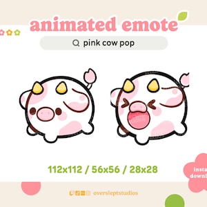 ANIMATED Pink Cow Pop Emote for Twitch and Discord, Pop Emote, Animated Twitch Emote, Cow Emotes, Cow Twitch Emotes, Strawberry Cow, Stream