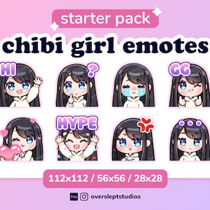 Black Hair Blue Eyes Cute Chibi Girl Emotes for Twitch & Discord
