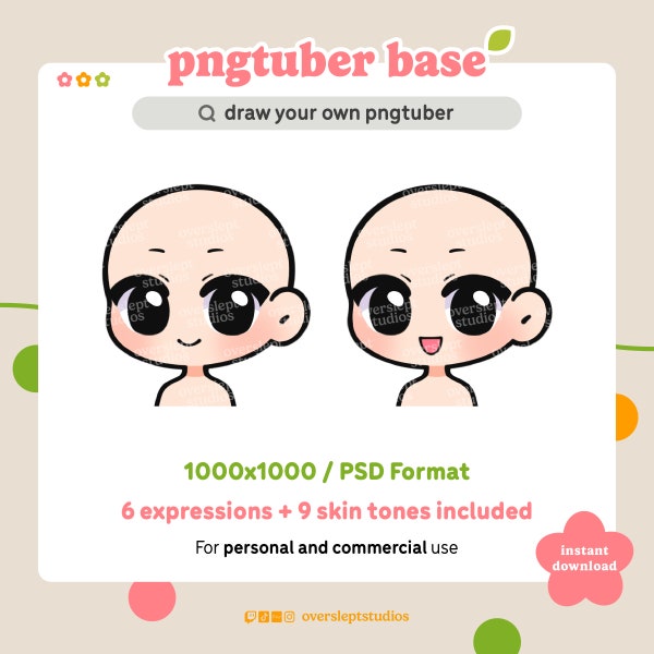 Pack de base Pngtuber, PNGtuber pour Twitch et Discord, Draw Your Own Pngtuber, Modèle PSD modifiable, Modèle de base Chibi, Personnalisable