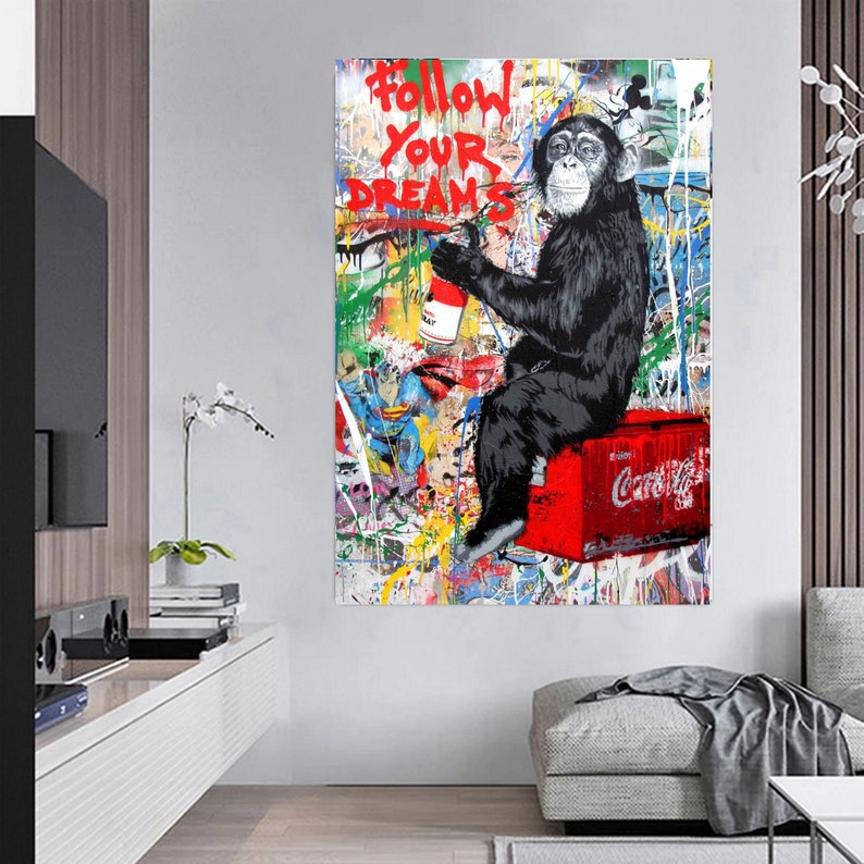 Cuadro Banksy 'Follow Your Dreams' - Lienzo Enmarcado, Estilo Graffiti, Multicolor