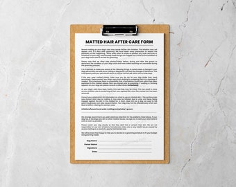 Matted Hair After Care Dog Grooming Release Form | After Care Dog Grooming Form | Printable Grooming Forms | Dog Grooming Waiver