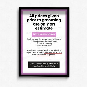 Dog Grooming Price Estimate | Digital Download Poster | Dog Grooming Poster | Groomer Graphics | Pink Poster