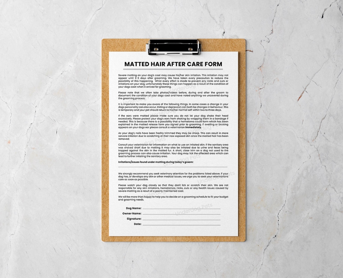 Matted Hair After Care Dog Grooming Release Form After Care Dog