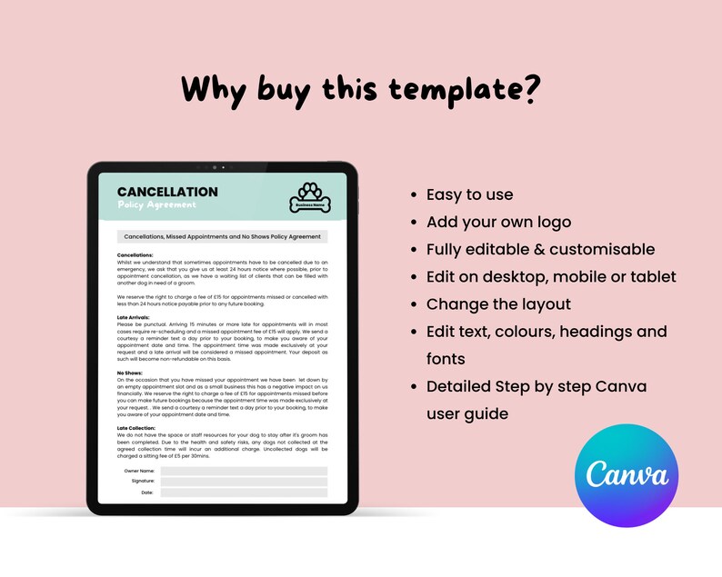 Dog Grooming Cancellation Policy Editable and Printable Etsy