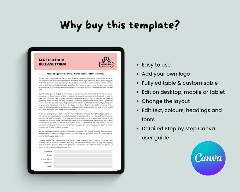 Dog Grooming Matted Hair Release Form Editable Matted Hair Consent and