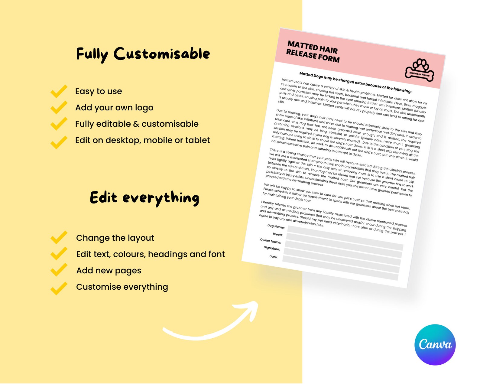 Dog Grooming Matted Hair Release Form Editable Matted Hair Consent and