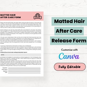 Dog Grooming After Care Matted Hair Release Form | Editable After Care Matted Hair Consent and Release Form | Dog Groomer Wavier