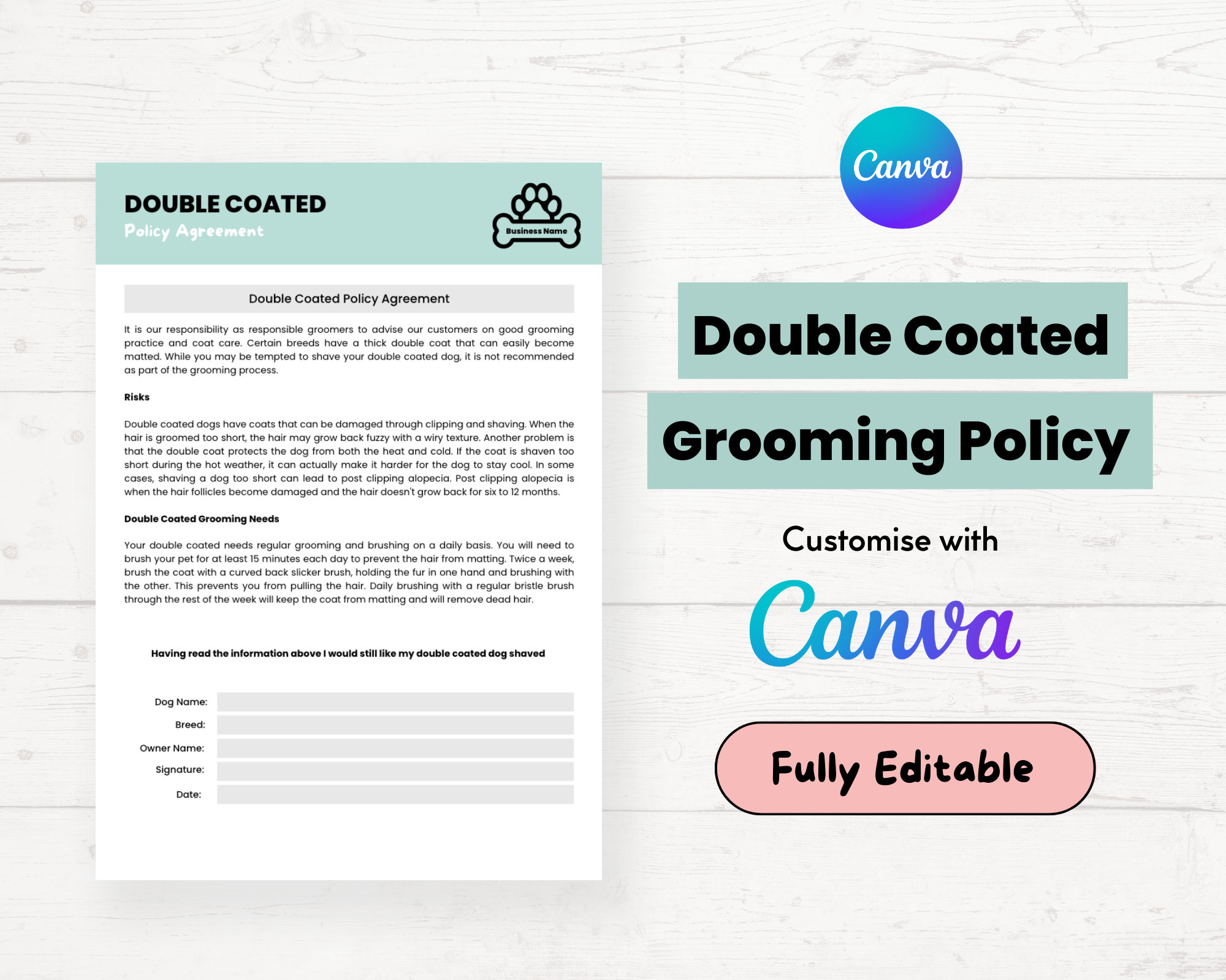 Doubled Coated Grooming Agreement Form Dog Grooming Waiver Double