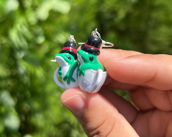 Tea Time Toad Froggy Dangle Drop Earrings