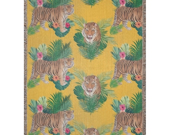 Tropical Tiger Woven Throw Blanket, Cotton Blanket, Sofa Blanket, Decorative Throw, Kids Blanket, Animal Lover Gift, Year Of The Tiger,