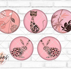 Glas Cabochon mit Motiv Floral Blumig Katze Hase rosa pink, Fotocabochon, Handmade Cabochon, verschiedene Größen, Motivcabochon