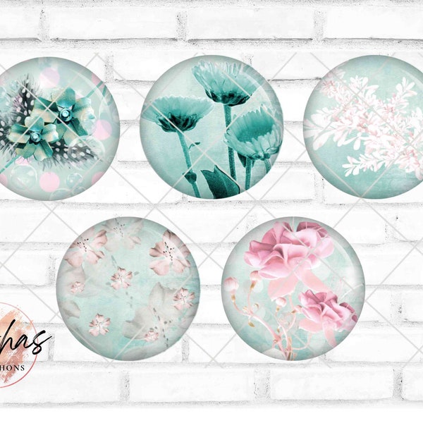 Glass cabochon with motif flowers floral spring turquoise flowers, photo cabochon, handmade cabochon, various sizes, motif cabochon