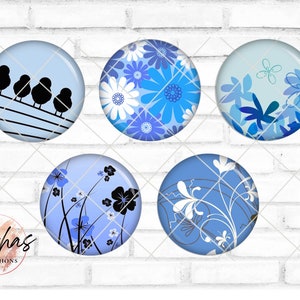 Glas Cabochon mit Motiv Spatzen Vögel Floral Blumig Muster blau weiß, Fotocabochon, Handmade Cabochon, verschiedene Größen, Motivcabochon