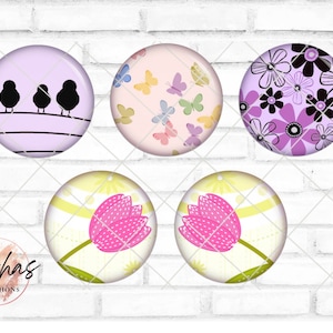 Glas Cabochon mit Motiv Floral Blumig Vogel Spatzen Tulpen lila rosa, Fotocabochon, Handmade Cabochon, verschiedene Größen, Motivcabochon