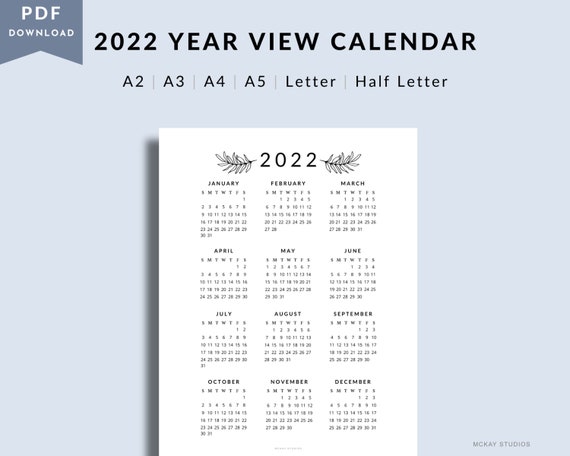 2022 printable calendar year view wall calendar minimalist etsy