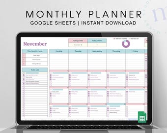 May include: A laptop screen displaying a digital monthly planner template. The planner is in shades of pink, blue, and white, with sections for daily tasks and a to-do list. The text "MONTHLY PLANNER" and "GOOGLE SHEETS | INSTANT DOWNLOAD" are at the top.