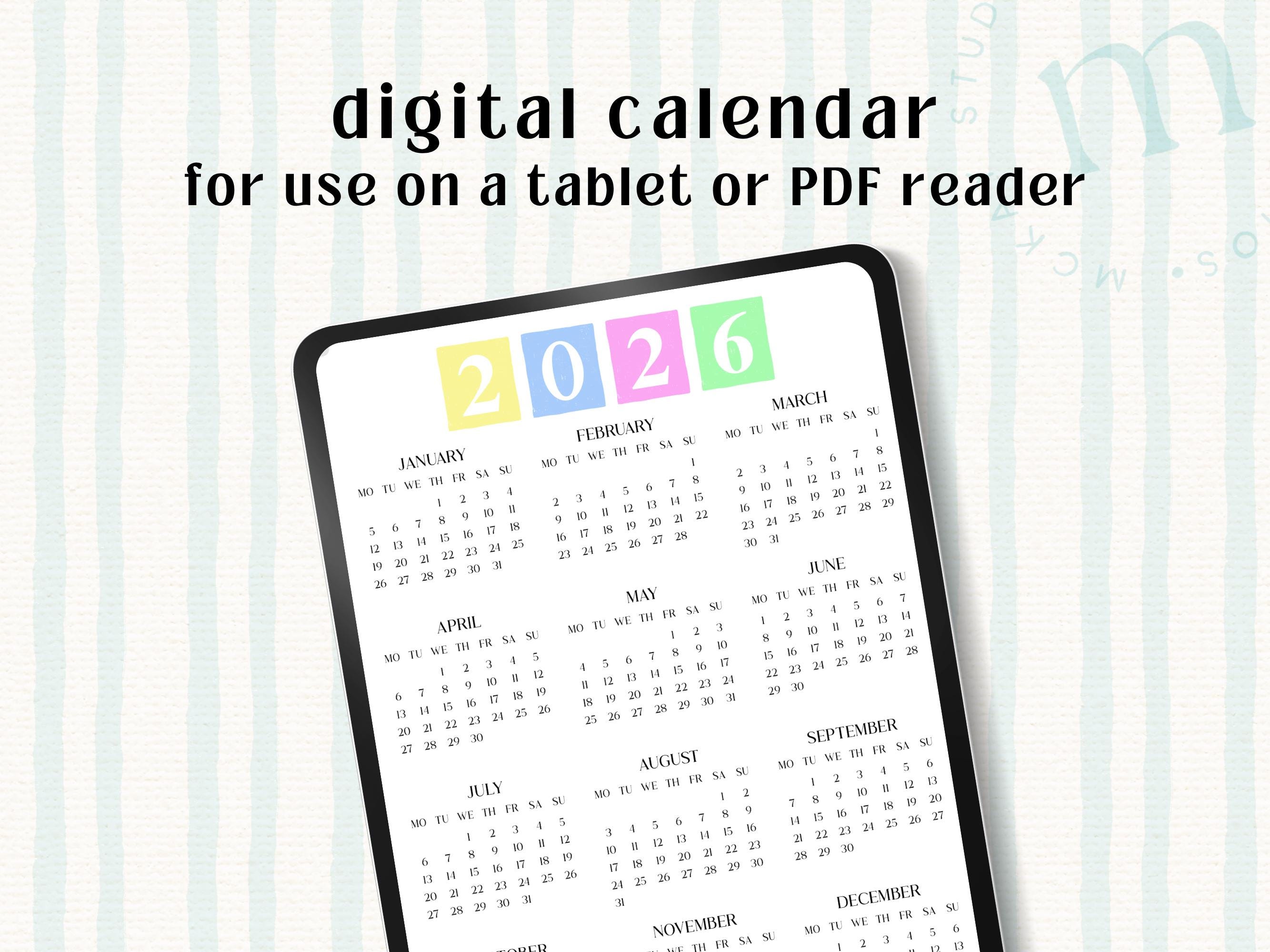 Digital Calendar.pdf 2026 Digital Calendar | PDF Instant Download | Bright - Etsy