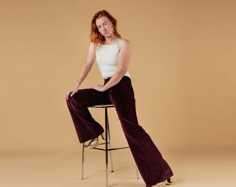 FLARED VELVET TROUSERS, burgundy pants, soft touch, deadstock bell bottom.