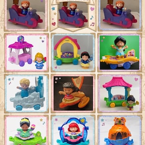 May include: A collection of Little People Princess Parade toy sets featuring various plastic figures and their corresponding wheeled vehicles, including carriages, sleds, and floats, showcasing characters like Anna, Elsa, Jasmine, and Ariel.