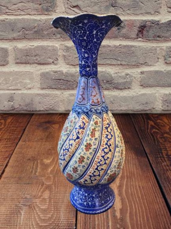 Copper Flower Vase With Azure Toranj Design Minakari Etsy Hong Kong