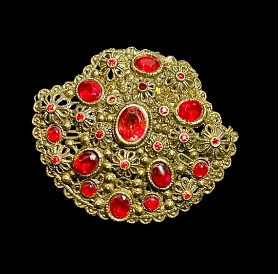 COPPER DRESS CLIP - Red Stones, Antique Large Shi… - image 1