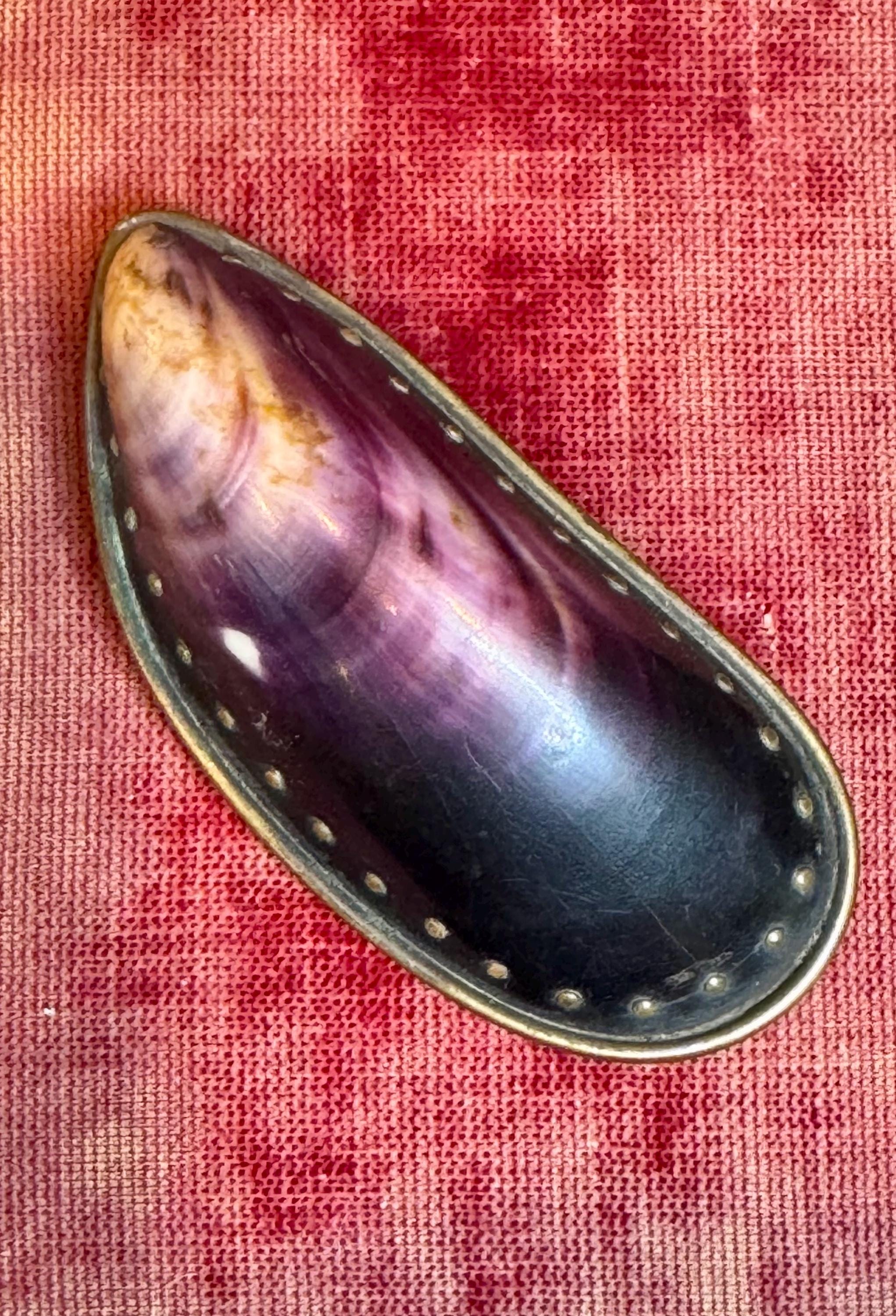 VICTORIAN SNUFF VESTA case made from a mussel shell, lined and studded in brass.  Beautifully detailed and in perfect condition