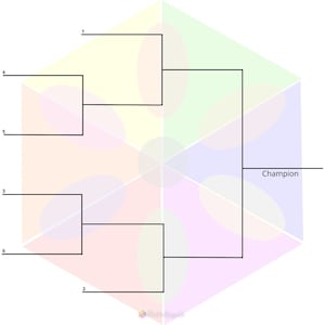 May include: A hexagonal bracket with six numbered slots for a tournament bracket. The bracket is on a colorful background with overlapping circles.