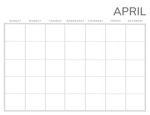 Paper Paper & Party Supplies April Printable Blank Calendar Digital ...