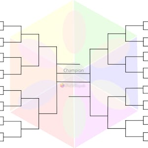 May include: A blank tournament bracket with 16 slots for competitors. The bracket is in the shape of a hexagon with a colorful background. The word "Champion" is at the top of the bracket.