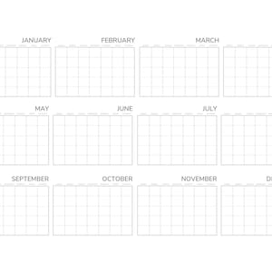 Puede incluir: Una plantilla de calendario en blanco con un diseño de cuadrícula para cada mes del año. Los meses están etiquetados de enero a diciembre.