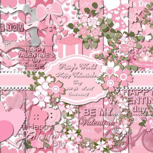 Happy Valentine&#39;s Day pink scrap-booking kit 300 dpi images and seamless backgrounds re-sizable vector