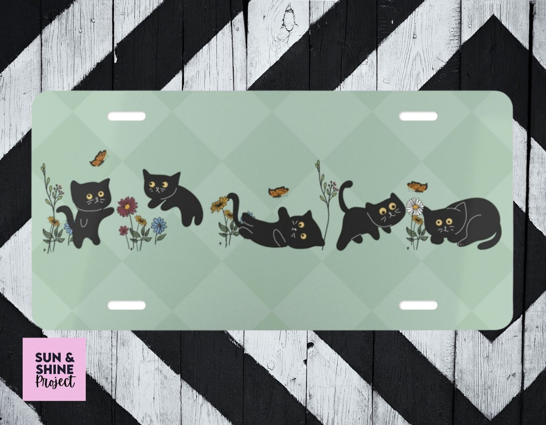Black Cat License Plate, Cute Cats Vanity Plate, Cats and Butterflies