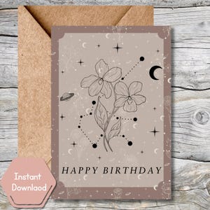 Conjunto de cartões de aniversário violeta de fevereiro, download instantâneo, cartão de constelação de flores do zodíaco + poema para impressão + mini impressão, pingente celestial, floral