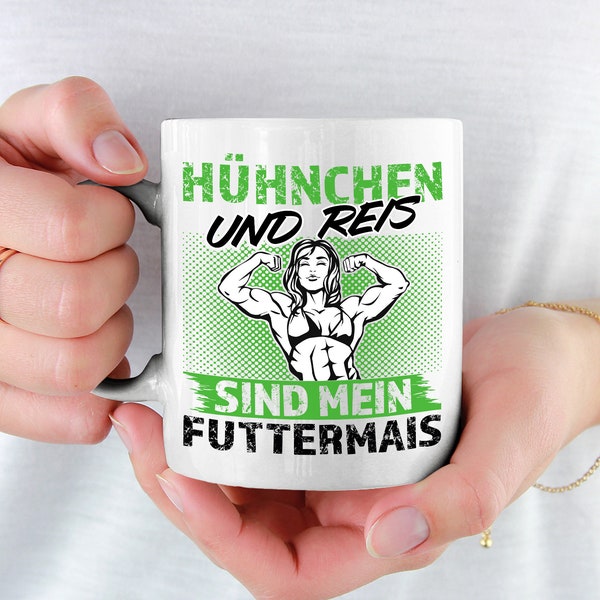 Hühnchen und Reis sind mein Futtermais Tasse Bodybuilding Frauen Kraftsport Body Builderin Bikini Athletic Klasse Workout Krafttraining