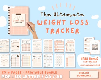 Rastreador de pérdida de peso, diario y planificador. PDF IMPRIMIBLE. Planes diarios, semanales y mensuales. Medición corporal, salud, rastreadores de sueño + MÁS