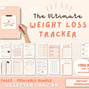 Può includere: Un tracker di perdita di peso stampabile con oltre 25 pagine, tra cui un tracker delle abitudini e un poster motivazionale. La copertina presenta un motivo a griglia rosa e bianco con il testo "My Weight Loss Journey".