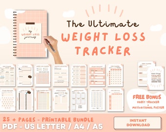 Rastreador de pérdida de peso, diario y planificador. PDF IMPRIMIBLE. Planes diarios, semanales y mensuales. Medición corporal, salud, rastreadores de sueño + MÁS