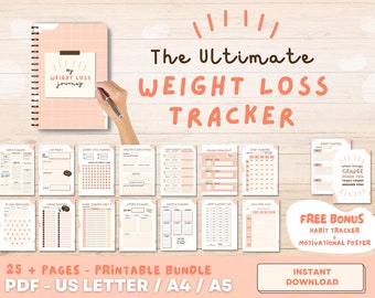 Rastreador de pérdida de peso, diario y planificador. PDF IMPRIMIBLE. Planes diarios, semanales y mensuales. Medición corporal, salud, rastreadores de sueño + MÁS