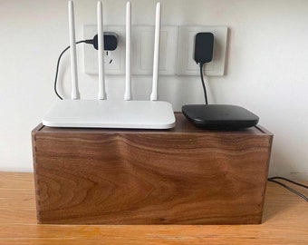 Boîte de rangement métallique de bureau en noyer noir | Boîte de rangement pour câbles en bois | Mallette de gestion des câbles | Organisateur de chargeur de téléphone portable | Organiseur de bureau