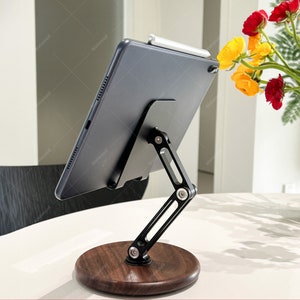 Adjustable Multi-Angle Cell Phone Stand, Tablet Holder, Non-Slip Dock Holder, Walnut Base Stand Mount for Desk