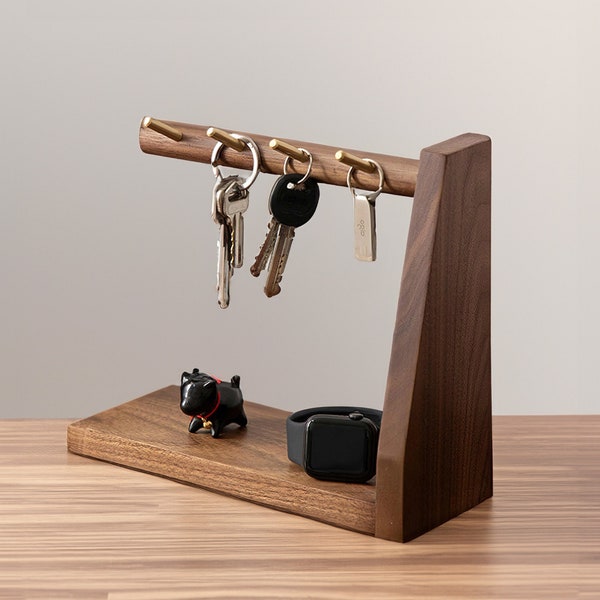 Wooden key hanger stand | Brass hook display | key and accessories organizer | Black Walnut/Beech wood key storage | Entryway organiser