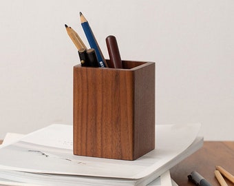 Black Walnut Pen Holder for Office Desk | Square Pen Cup | Cosmetic Brush Storage | Wood Desk Organizer | Customizable wooden pen holder