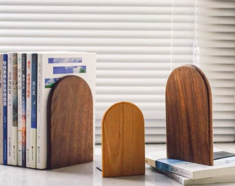 Elegant Walnut Wood Bookends with Metal Base, Modern Wooden Book Ends, Minimalist Office Book Holder, Non-slip Book Organizer, 1 Pair