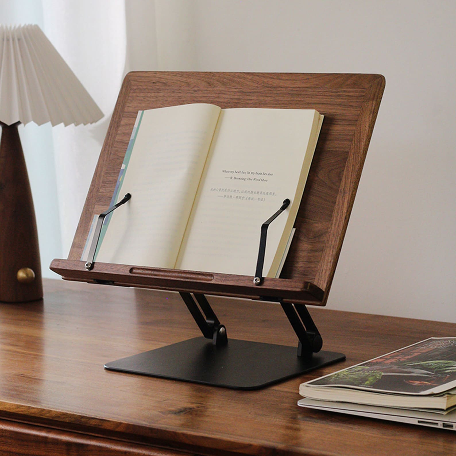 Wood Book Stand, Foldable Wooden Book Holder, Adjustable Book Tray, Book Holder for Reading