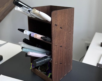 Handcrafted Wood 4-Compartment Pen Holder, Office Desk Stationery, Desktop Wooden Brush Holder, Remote Control Organizer