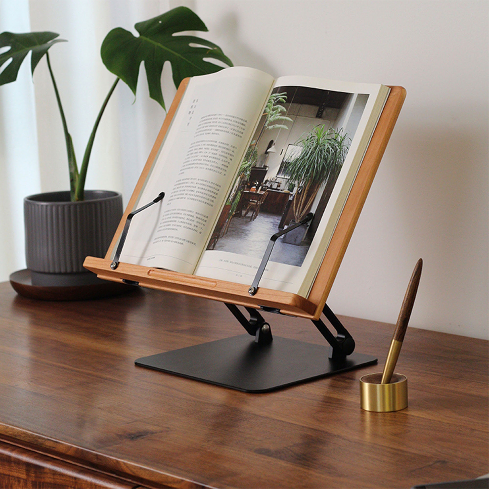 Wood Book Stand, Foldable Wooden Book Holder, Adjustable Book Tray