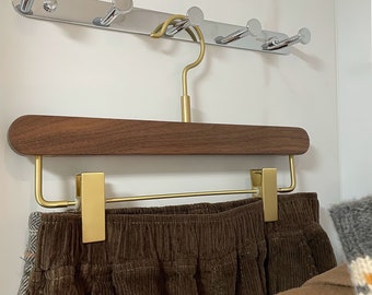 Premium Walnut Wood and Brass Multifunctional Trouser Hanger with Bar, Minimalist Black Walnut Wood Hangers, Adjustable Clips Hangers